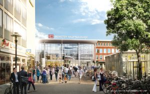 Visualisierung: Das neue Empfangsgebäude von der Windhorststraße aus (Quelle: DB Station&Service AG/I.SBP)